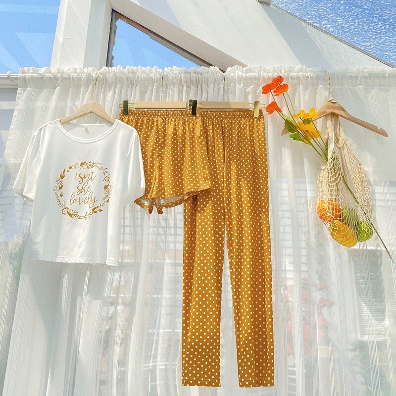 

3pcs Letter & Polka Dot Graphic PJ Set, Multicolor