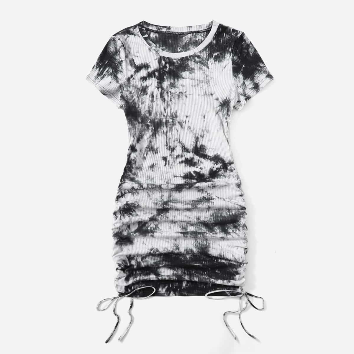 

Tie Dye Drawstring Ruched Dress, Black and white