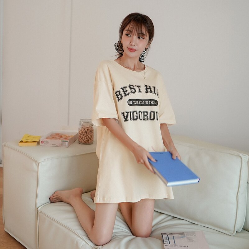 

Slogan Graphic Drop Shoulder Lounge Dress, Beige