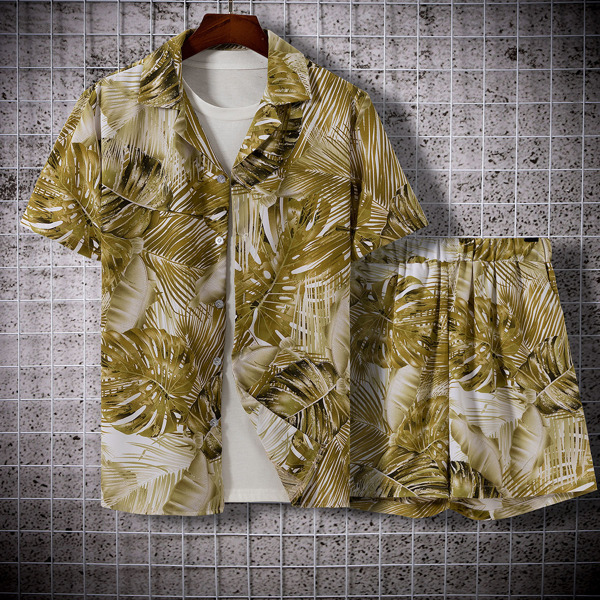 

Men Tropical Print Lapel Neck Shirt & Shorts Without Tee, Army green