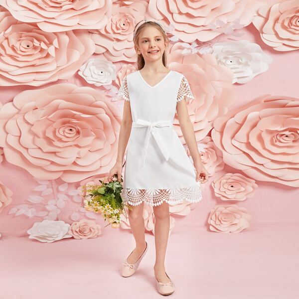 

Girls Guipure Lace Trim Self Belted Dress, White
