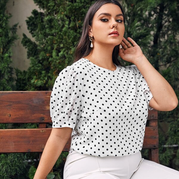 

Plus Puff Sleeve Polka Dot Top, Black and white