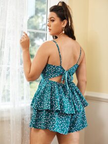 Dreamara Plus Tied Open Back Ditsy Floral Cami Romper - Teal Blue - View 1