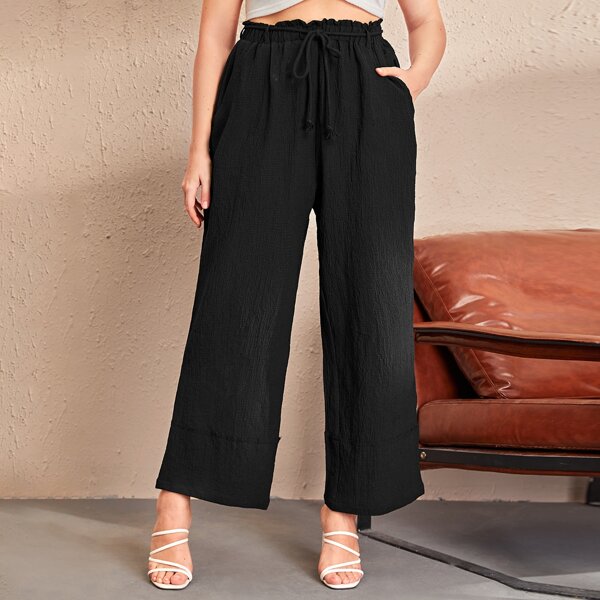 

Plus Paperbag Waist Self Belted Pants, Black