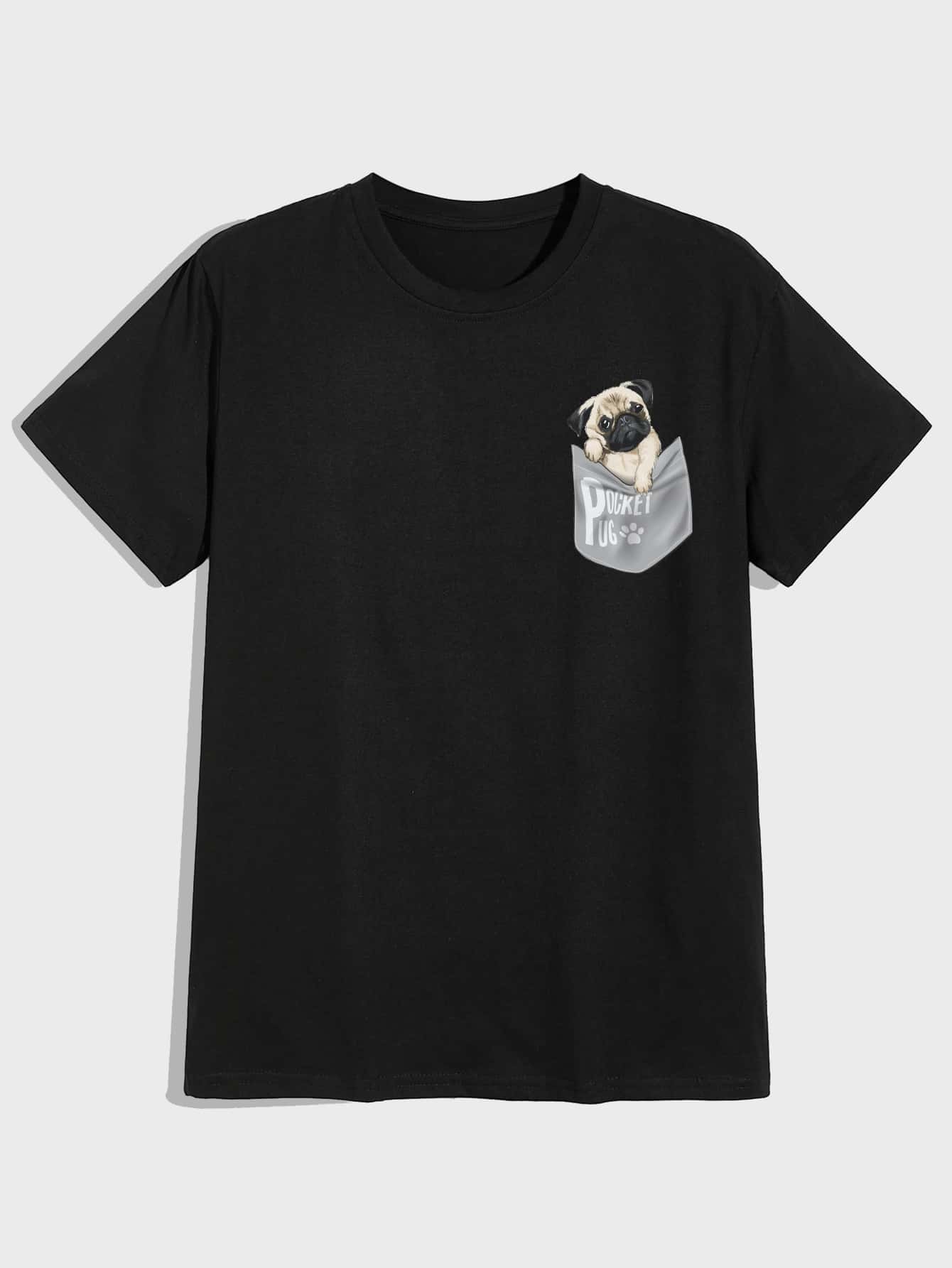 Manfinity Camiseta con estampado de letra y pug - Negro - Ver 1