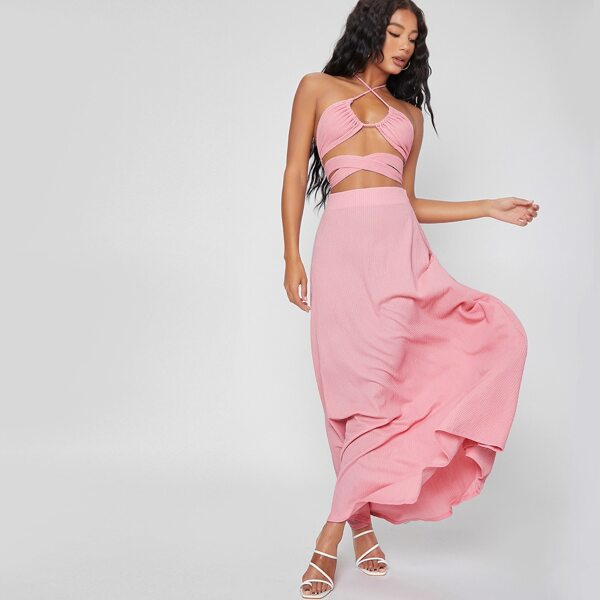 

Ribbed Self-Tie Triangle Bralette Top And A-Line Maxi Skirt Set, Pink