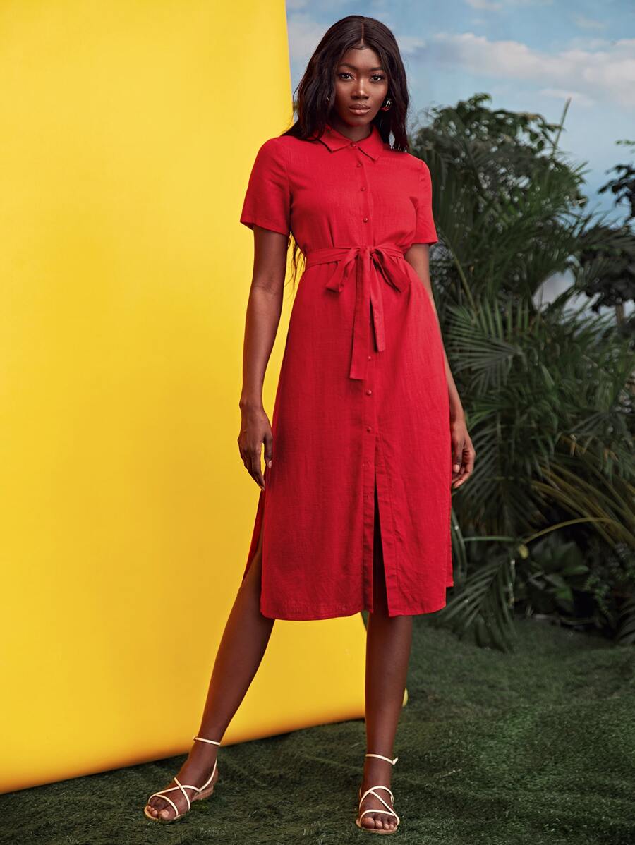 SHEIN 20% LINEN Self Belted Shirt Dress - Red - View 1