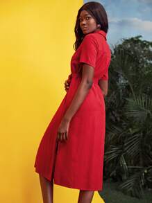 SHEIN 20% LINEN Self Belted Shirt Dress - Red - View 2