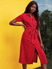 SHEIN 20% LINEN Self Belted Shirt Dress - Red - View 3