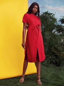 SHEIN 20% LINEN Self Belted Shirt Dress - Red - View 4