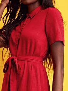 SHEIN 20% LINEN Self Belted Shirt Dress - Red - View 5