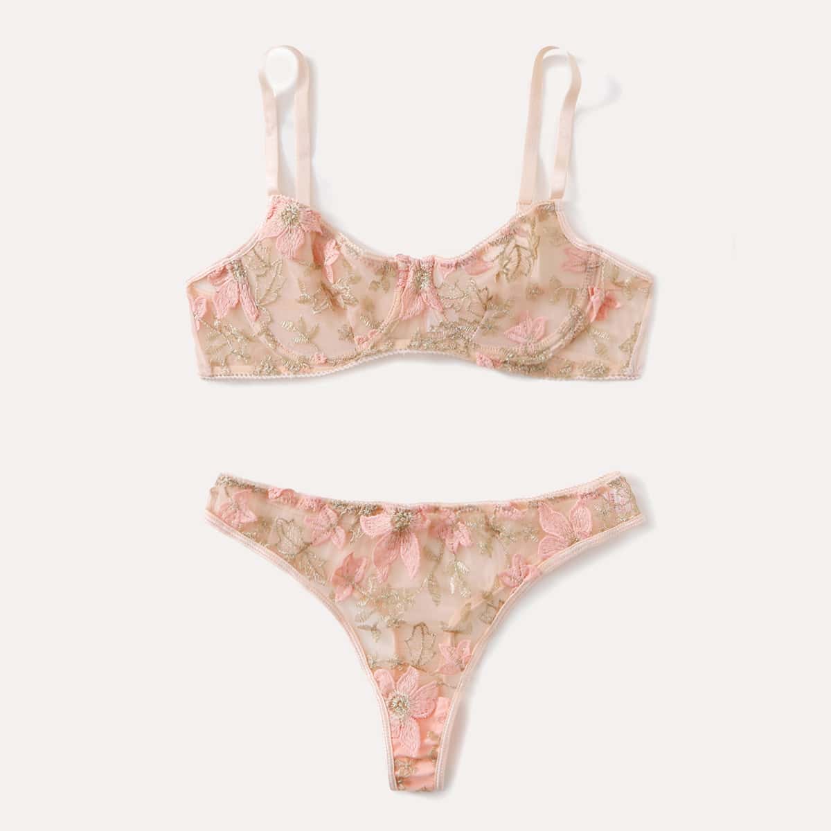 

Floral Embroidered Mesh Lingerie Set, Baby pink