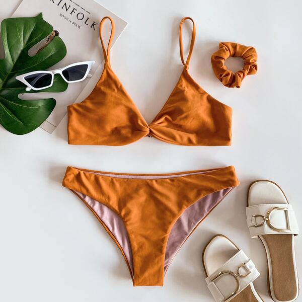 

Twist Front Bikini Swimsuit With Scrunchie, Burnt orange