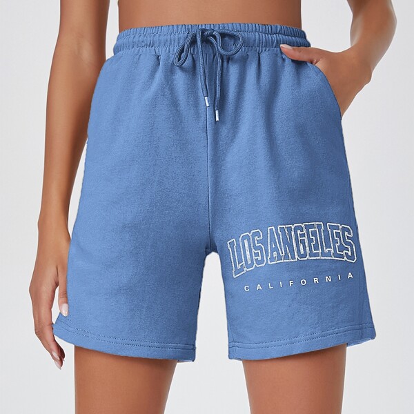 

Letter Graphic Drawstring Waist Shorts, Blue