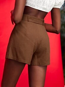 SHEIN VCAY 20% LINEN Buckle Belted Fold Pleat Shorts - Brown - View 2