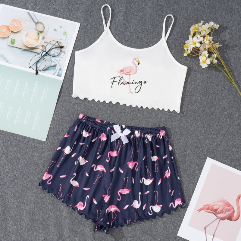

Flamingo Print Cami & Lettuce Trim Shorts Pajama Set, Multicolor