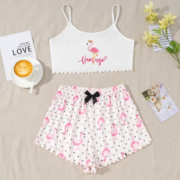 

Flamingo Print Cami & Lettuce Trim Shorts Pajama Set, White