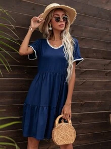 DEARCASE Pom Pom Trim Ruffle Hem Dress - Navy Blue - View 1