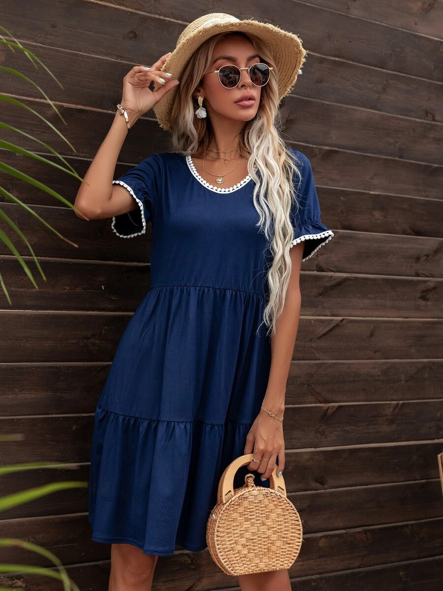 DEARCASE Pom Pom Trim Ruffle Hem Dress - Navy Blue - View 1