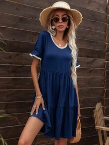 DEARCASE Pom Pom Trim Ruffle Hem Dress - Navy Blue - View 3