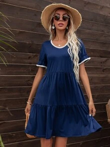 DEARCASE Pom Pom Trim Ruffle Hem Dress - Navy Blue - View 4