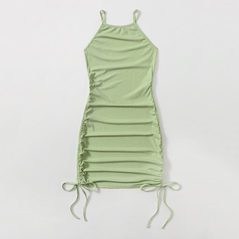 

Solid Drawstring Ruched Bodycon Dress, Lime green