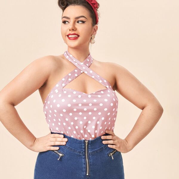 

Plus Polka Dot Cut Out Front Halter Top, Baby pink