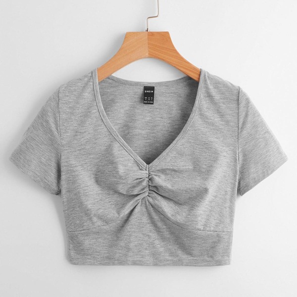 

Solid Ruched Crop Tee, Grey