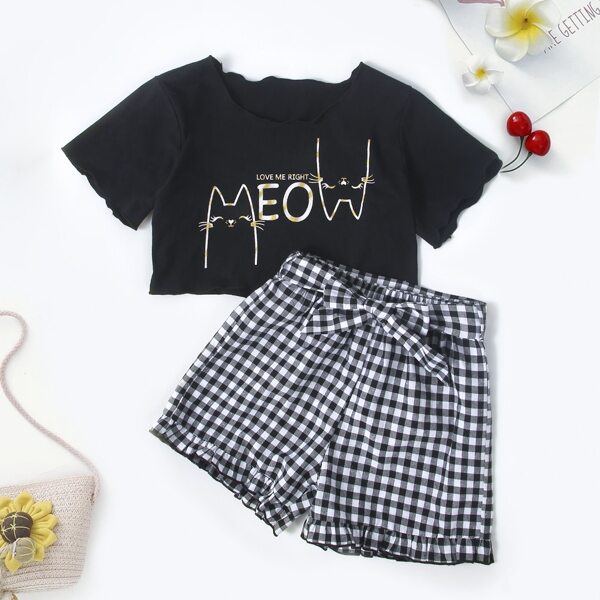 

Girls Cartoon Graphic Lettuce Trim Tee With Gingham Belted Shorts, Black and white