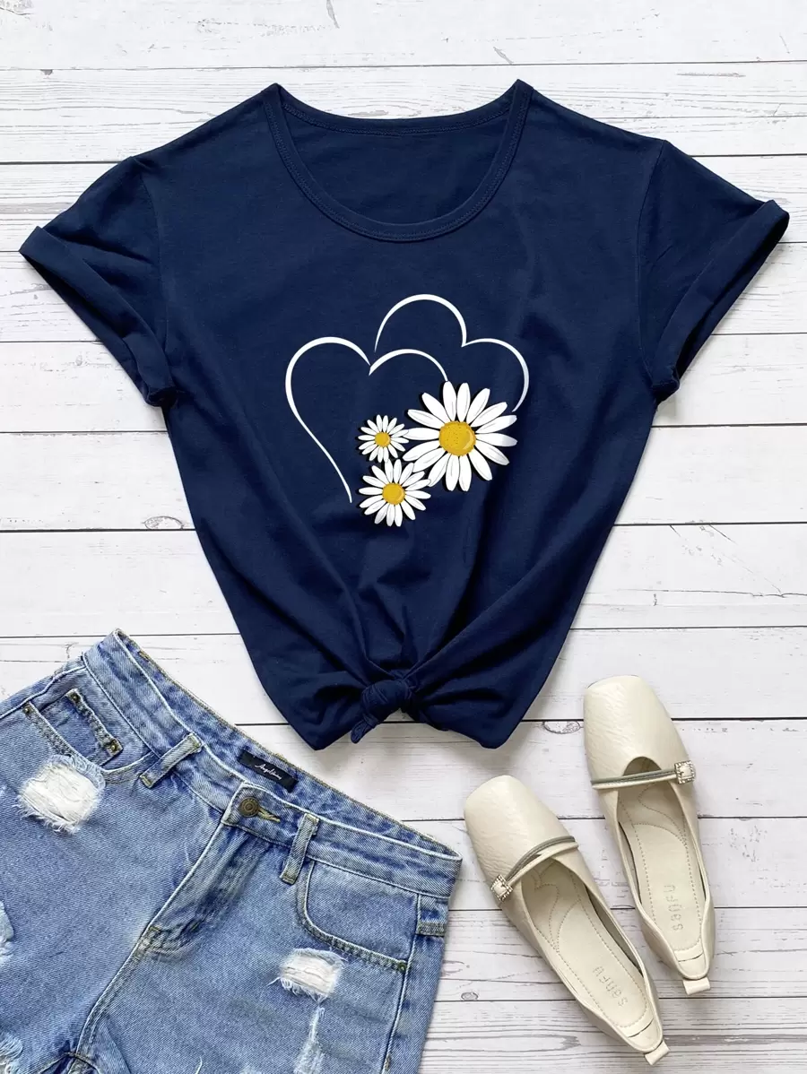 SHEIN Clasi 心形和印花T恤 - 藏蓝色 - 查看 1