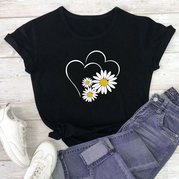 

Heart & Floral Print Tee, Black