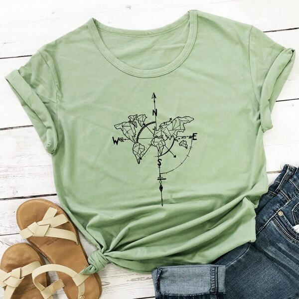 

Map Print Round Neck Tee, Lime green