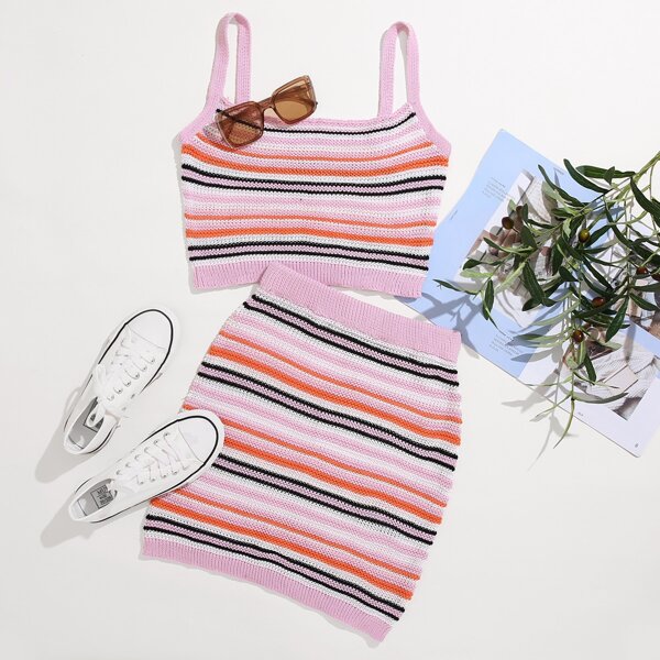 

Striped Cami Knit Top With Bodycon Knit Skirt, Multicolor