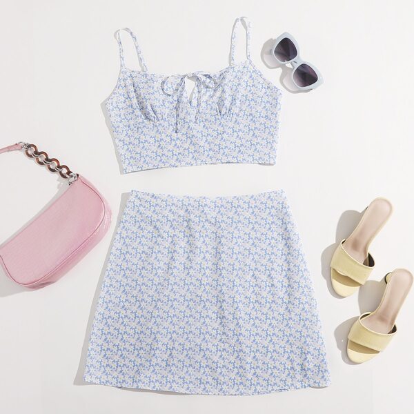 

Ditsy Floral Knotted Cami Top & Skirt Set, Multicolor