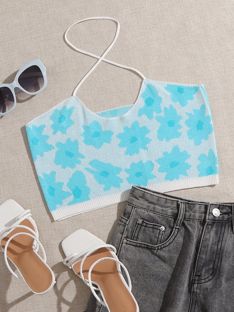SHEIN Unity Top De Punto Con Diseño Floral Y Tirantes Cruzados En El Cuello - Azul - Añade 1