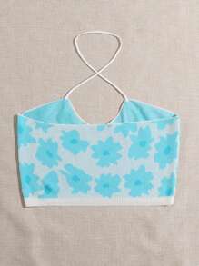 SHEIN Unity Top De Punto Con Diseño Floral Y Tirantes Cruzados En El Cuello - Azul - Ver 2