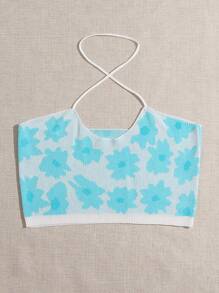 SHEIN Unity Top De Punto Con Diseño Floral Y Tirantes Cruzados En El Cuello - Azul - Ver 6