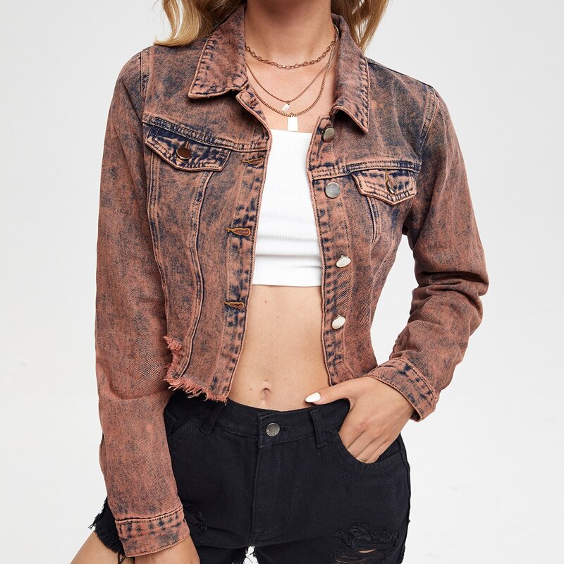 

Raw Hem Ripped Crop Denim Jacket, Brown