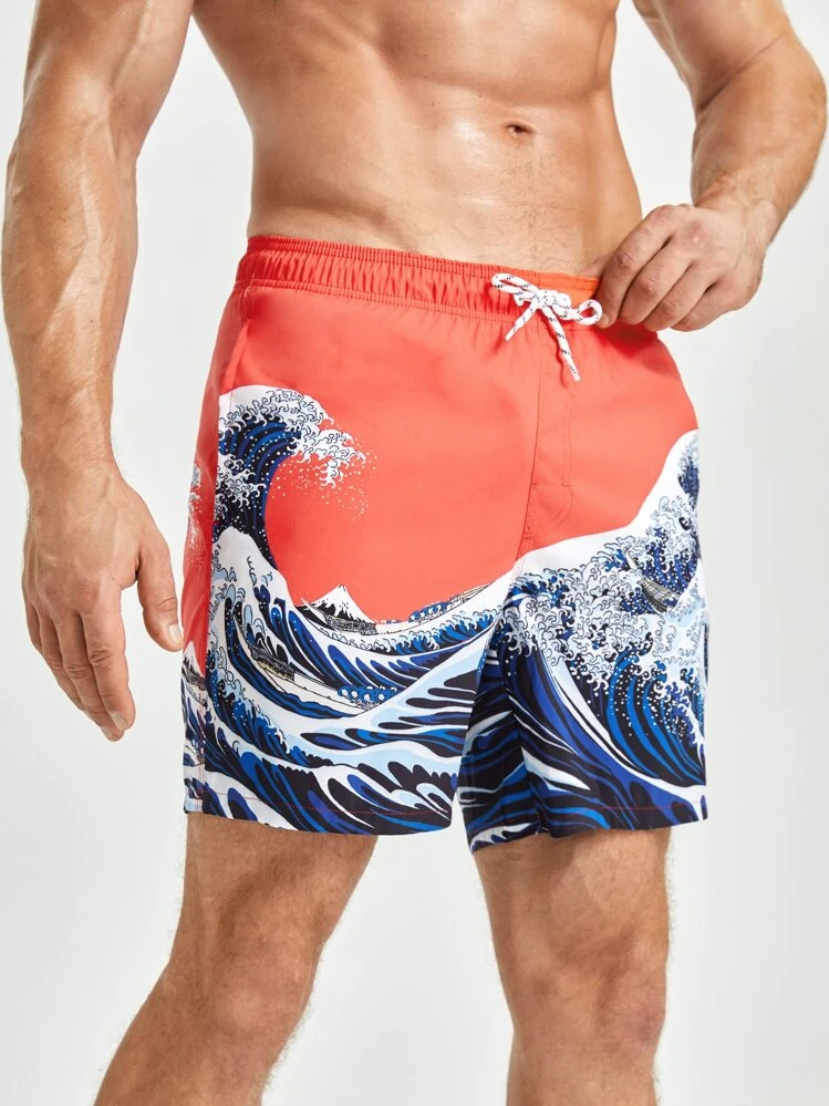 Manfinity Homme Short de bain à imprimé vague à cordon - Corail - Voir 1