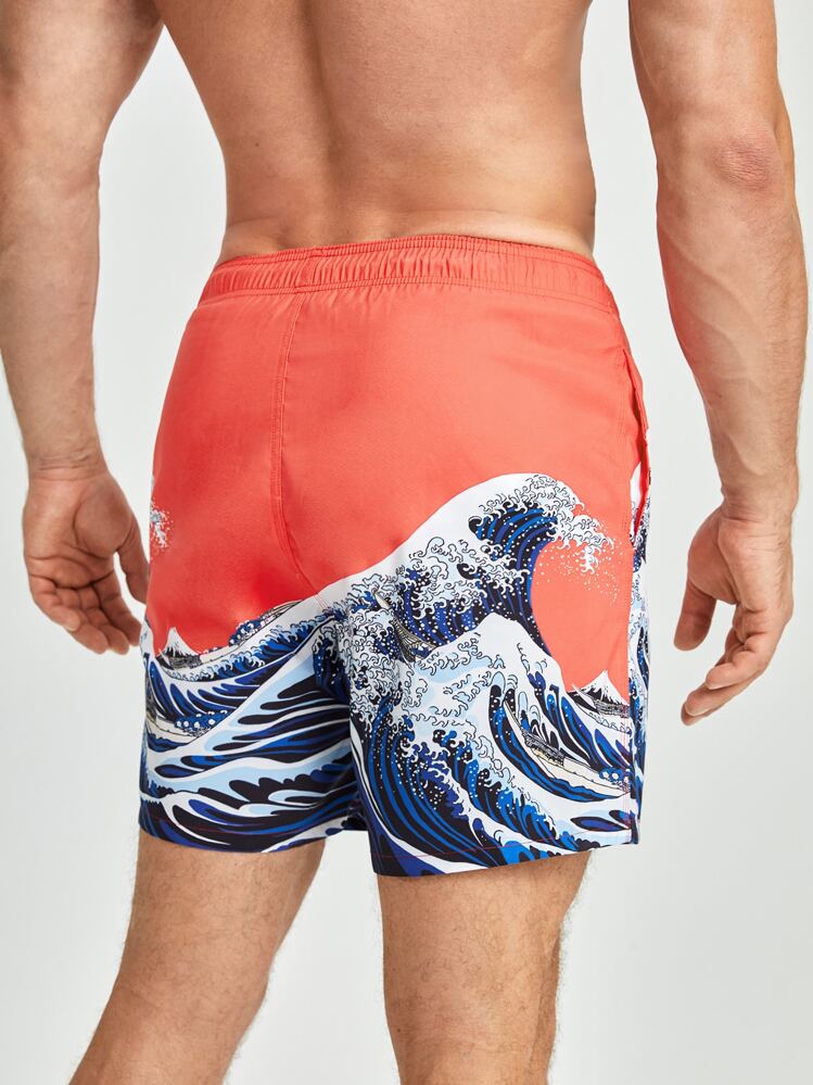 Manfinity Homme Short de bain à imprimé vague à cordon - Corail - Voir 2