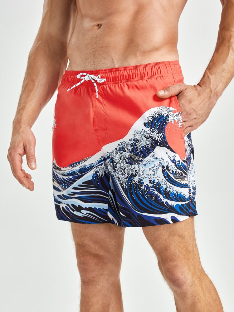 Manfinity Homme Short de bain à imprimé vague à cordon - Corail - Voir 3