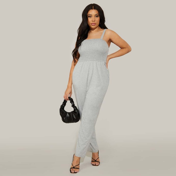 

Plus Solid Shirred Cami Jumpsuit, Light grey
