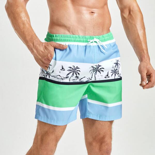 

Men Color-block & Tropical View Print Swim Trunks, Multicolor