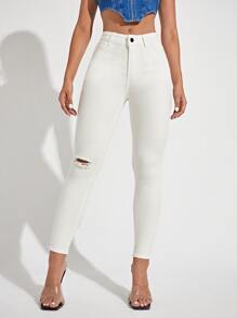 Jeans ajustados con cremallera con diseño de desgarro - Blanco - Ver 1