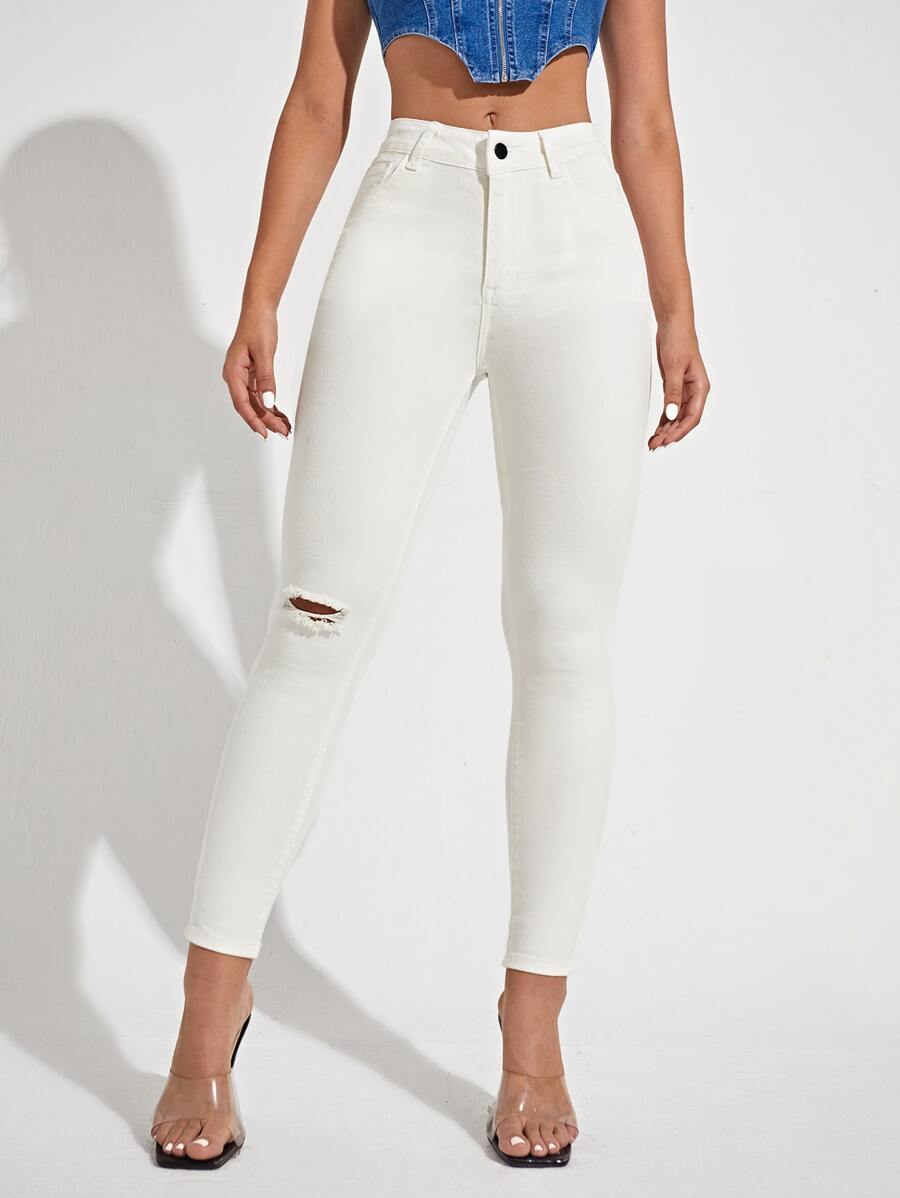 Jeans ajustados con cremallera con diseño de desgarro - Blanco - Ver 1