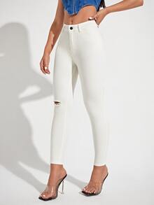 Jeans ajustados con cremallera con diseño de desgarro - Blanco - Ver 3