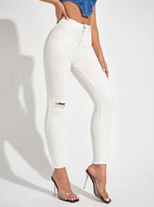 Jeans ajustados con cremallera con diseño de desgarro - Blanco - Ver 4