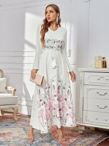 SHEIN Flounce Sleeve Self Belted Floral Dress - White - View 1