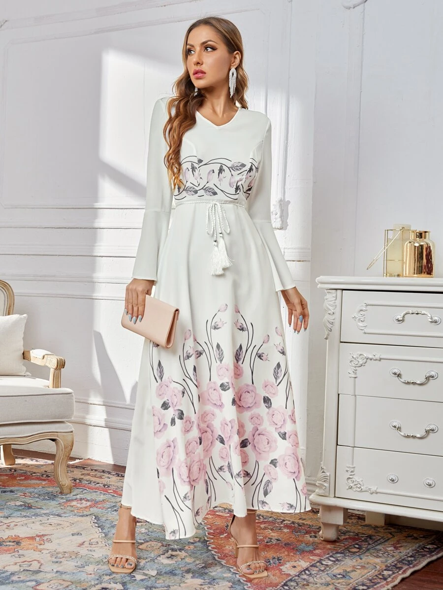 SHEIN Flounce Sleeve Self Belted Floral Dress - White - View 1
