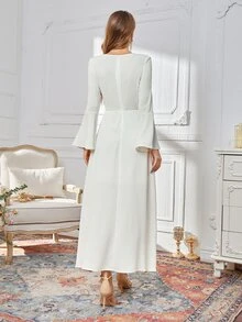SHEIN Flounce Sleeve Self Belted Floral Dress - White - View 2